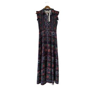 Dalia MacPhee Women Navy Blue Floral Ruffle Sleeve Collared Maxi Dress Small NWT